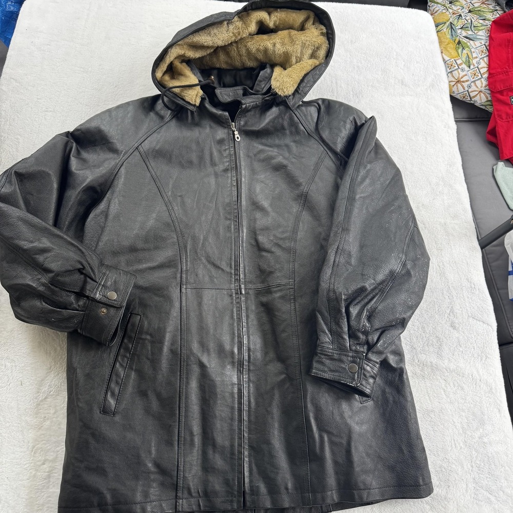 Wilda Genuine Leather Coat Womens XL Black Hooded Belted Faux Fur Lined Parka